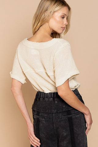 Half Sleeve V-neck Waffle Knit Top