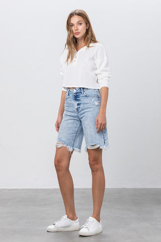 TAKE NO SLIT DISTRESSED DENIM BERMUDA SHORTS