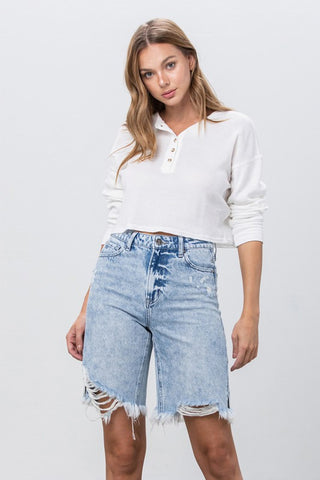 TAKE NO SLIT DISTRESSED DENIM BERMUDA SHORTS