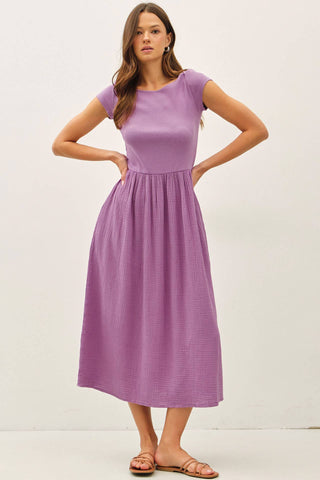 MIXED MATERIAL BOAT NECK DRESS