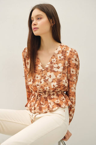 BOHO FLORAL PRINT V-NECK VOLUME SLEEVE BLOUSE