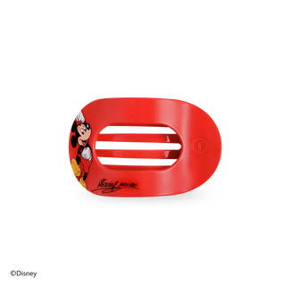 Red round hair clip with Mickey Mouse character art and a 3-slot center.
