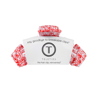 TELETIES medium hair clip in red and white abstract pattern with all-tied up design