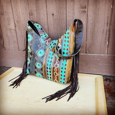 Montanta Embossed Hobo Handbag in Blue Navajo - JustBelieve.Boutique