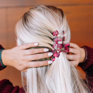 Teleties medium classic claw clip in Garden Glam print, shown in hair