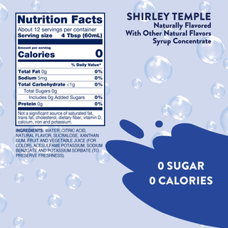 Jordan's Skinny Mixes Nutrition Facts panel for Shirley Temple syrup concentrate with 0 calories