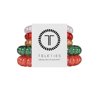 Teleties Christmas hair tie mix pack with patterned elastic ties on display card