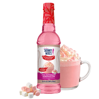 Jordan's Skinny Mixes pink peppermint marshmallow mix bottle with pink mug and mini marshmallows