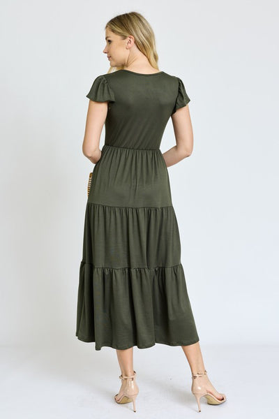 Solid Flutter Sleeve Tiered Tea Length Dress