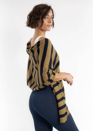 Elietian Line Up Striped Poncho – tan and dark striped poncho with side drape and button-front V-neck