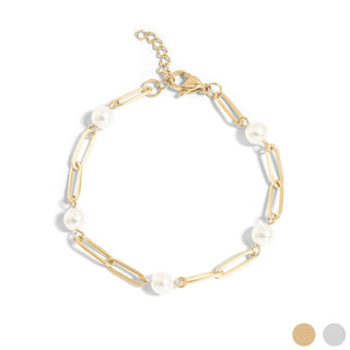 18K Gold PVD Steel Station Pearl Paperclip Chain Bracelet - Just Believe Boutique