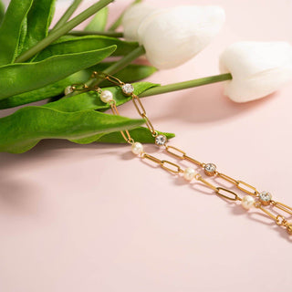 18K Gold PVD Steel Station Pearl Paperclip Chain Bracelet - Just Believe Boutique