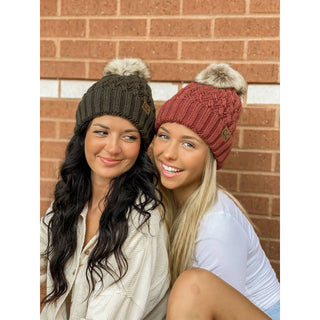 C.C. Beanie - Solid Lattice Stitch Fur Pom CC Beanie