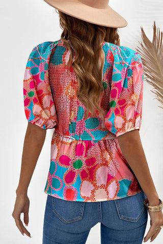 Boho Flower Print Puff Sleeve Apricot