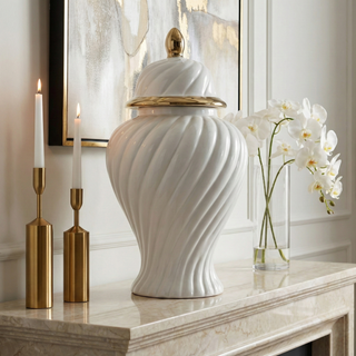 Sagebrook Home - Decorative Jar - White Ceramic Swirl Tall Lidded, 20 in.