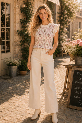 Main Strip - Floral Jacquard Ruffle Sleeve Knit Top