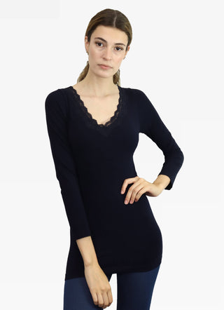 ELIETIAN - Lace Trim Long Sleeve - Berry