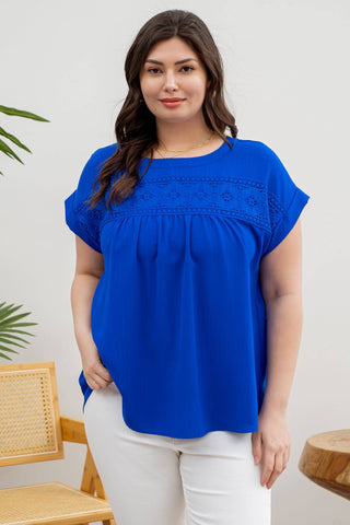 PLUS FLORAL EYELET LACE TOP: BLUE