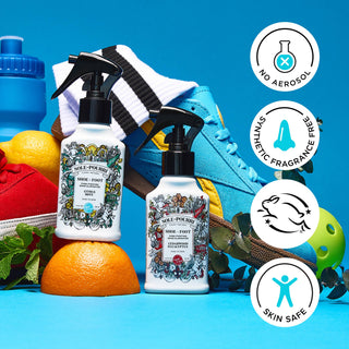 Two Shoe+Foot odor spray bottles with black triggers, Citrus Mint, with no aerosol badge.