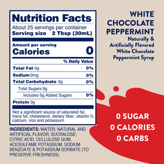 Jordan's Skinny Mixes nutrition facts label for sugar-free white chocolate peppermint syrup