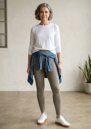 Elietian Ribbed High Waist Leggings in a taupe khaki shade with a white top and denim shirt tied at the waist