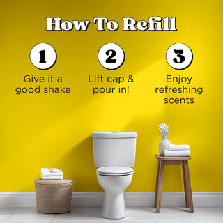 Toilet with refill steps and bottle, white refill bottle with black cap
