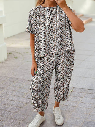 Leopard Loose Tee Drawstring Waist Barrel Pants Set