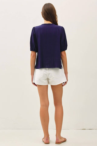 LINEN BLENDED RUFFLE TRIM FRONT TIE BLOUSE