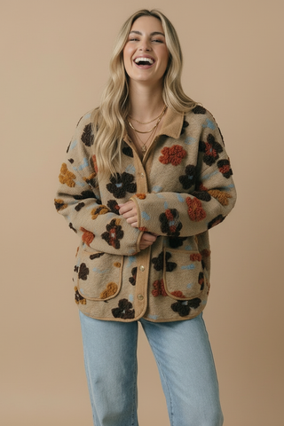 Corduroy Puff Flower Color Block Jacket