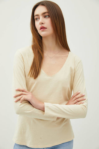 COTTON V-NECK LONG SLEEVE T-SHIRT