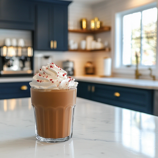 Jordan's Skinny Mixes iced peppermint mocha drink in clear glass topped with whipped cream and sprinkles