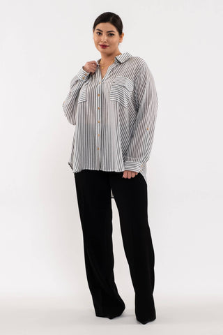 PLUS STRIPE COLLARED BUTTON DOWN LIGHTWEIGHT SHIRT: BLUE