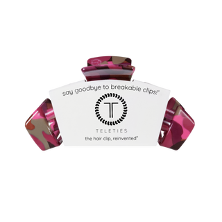 Teleties medium classic claw clip in Garden Glam print, packaging and logo detail