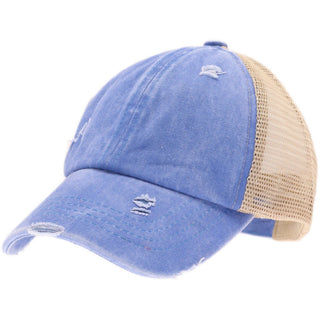 Washed Denim Criss Cross High Pony CC Ball Cap