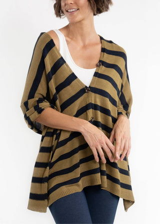Elietian Line Up Striped Poncho – tan and dark striped poncho with buttoned V-neck and draped sleeves
