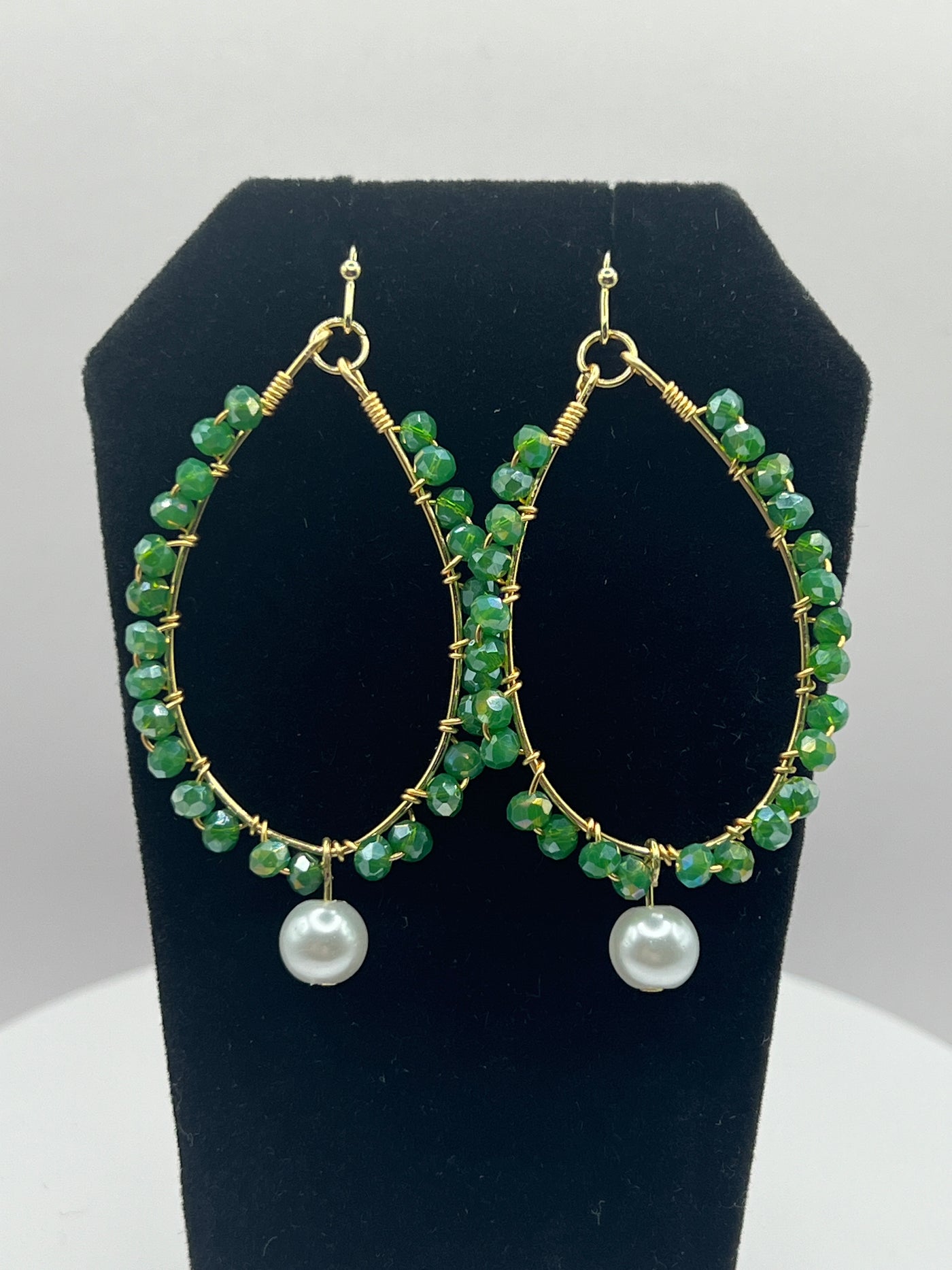 Twisted Green Beads with Pearl Earrings