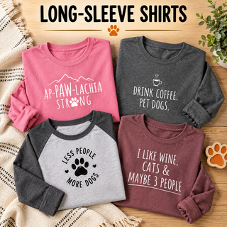 Long-sleeve shirts with dog paw and coffee/wine cat slogan graphics