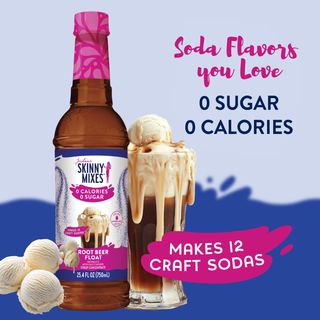 Jordan's Skinny Mixes Sugar Free Root Beer Float Soda Syrup – root beer float syrup bottle with a glass of ice cream-topped root beer