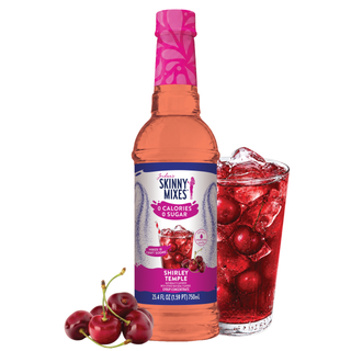 Jordan's Skinny Mixes sugar-free Shirley Temple soda syrup bottle with cherry-filled glass