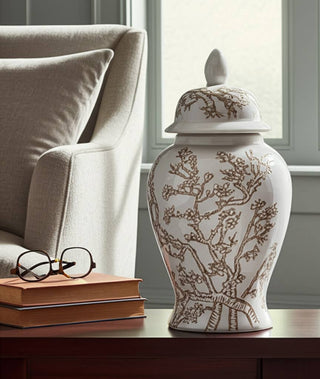 Sagebrook Home - Decorative Jar - White/Brown Ceramic Cherry Blossom, 15 in.