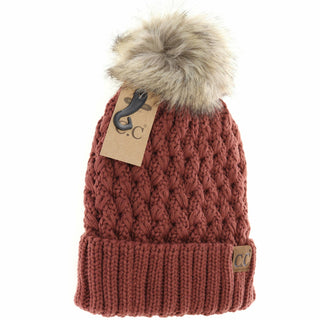 C.C. Beanie - Solid Lattice Stitch Fur Pom CC Beanie