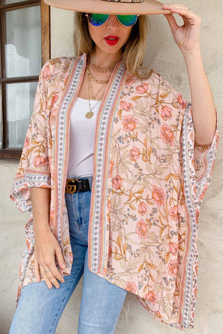 AMOLI - Blush Floral Border Printed Kimono Cardigan Cover Up
