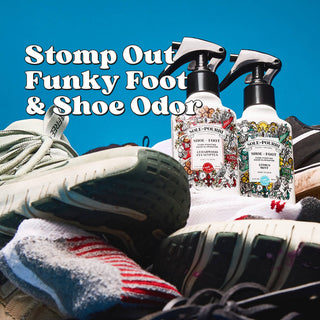 Shoe and foot odor spray bottles with black triggers, Citrus Mint, beside sneakers.