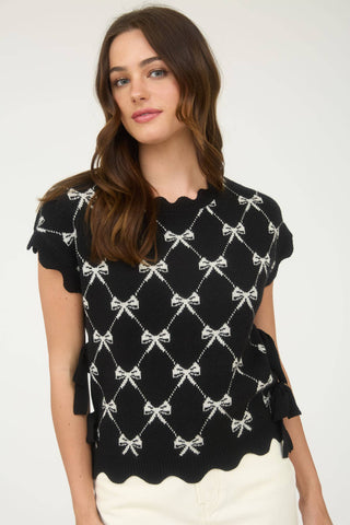 BOW PATTERN SHORT SLEEVE SIDE TIE KNIT PULLOVER