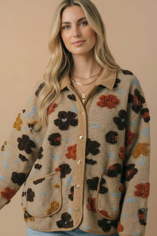 Corduroy Puff Flower Color Block Jacket