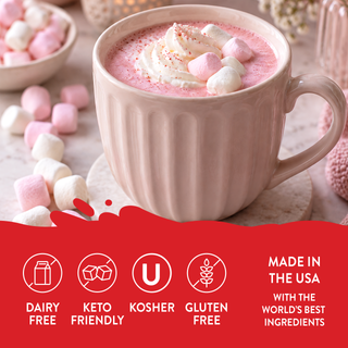 Jordan's Skinny Mixes pink peppermint marshmallow mug with whipped topping and pink-and-white marshmallows