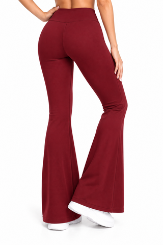 Color 5 fur lined faja flare pants, shown in burgundy, flare leg view