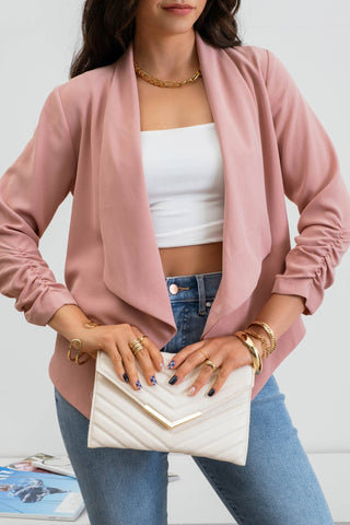 3/4 ROUCHED SLEEVE BLAZER: KHAKI - Just Believe Boutique
