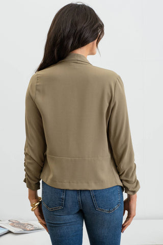 3/4 ROUCHED SLEEVE BLAZER: KHAKI - Just Believe Boutique