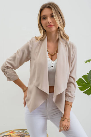 3/4 ROUCHED SLEEVE BLAZER: KHAKI - Just Believe Boutique